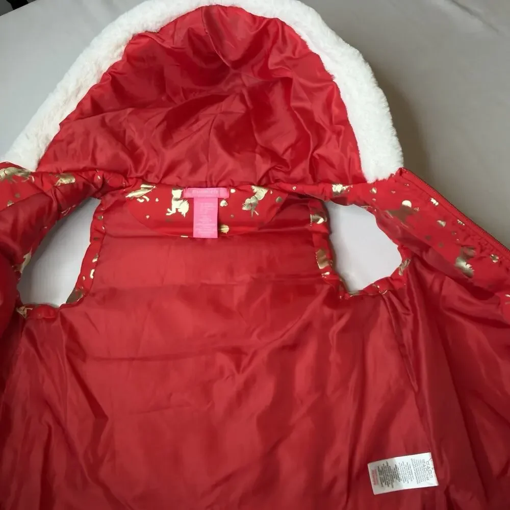 Isaac Mizrahi Girls Quilted Hooded Vest Red Metallic Unicorns Med 7-8 Faux Fur